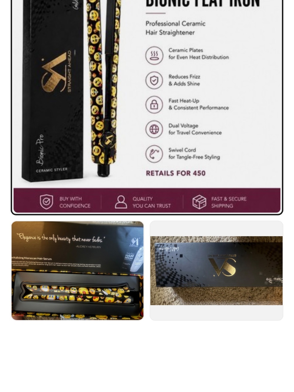 SA straight Ahead Bionic Flat Iron Straightener - Black with Yellow Emoji Print